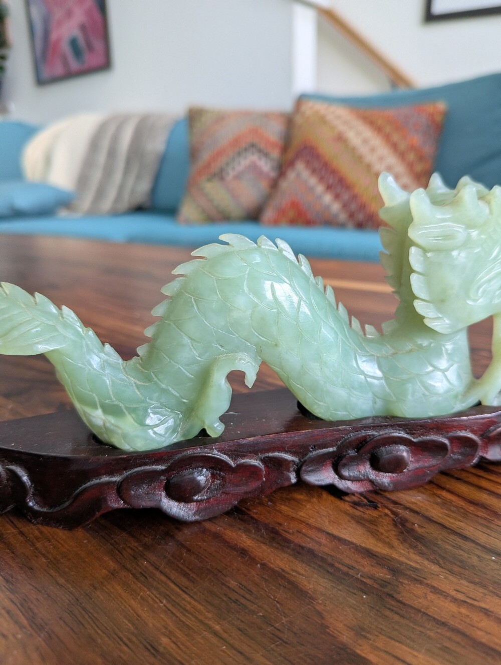 Carved Green Serpentine Jade Dragon Figurine Statue with Wooden Base - Picture 8 of 16